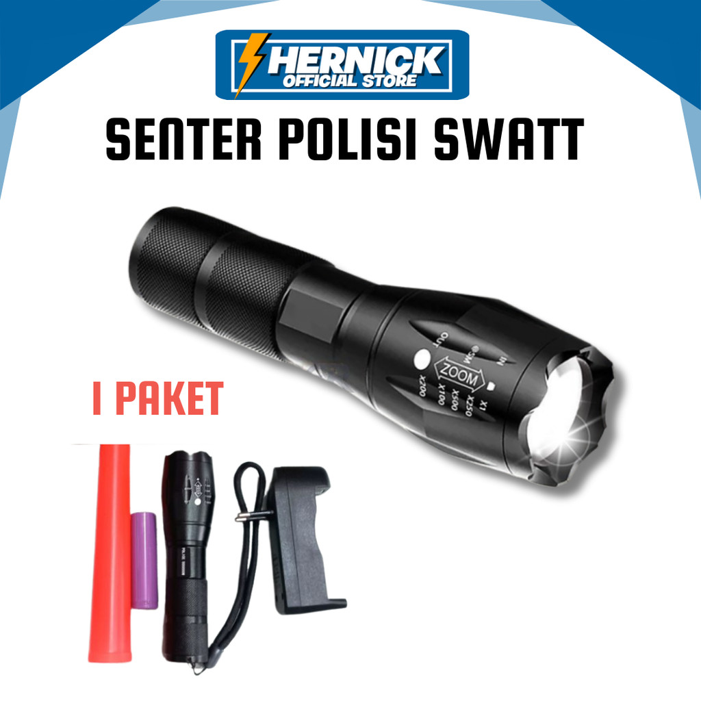 Senter Super Terang Waterproof LED Tactical Anti Air Lampu SWAT Zoom Murah Free Charger / SENTER swa