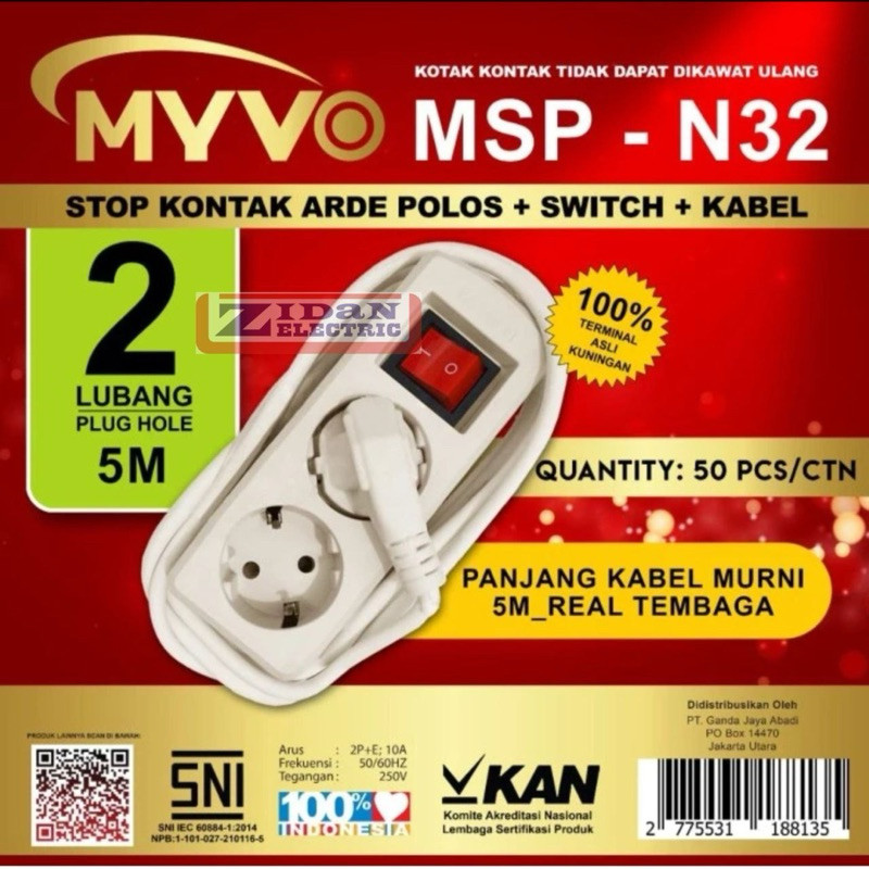 MYVO Stop Kontak Arde 2 Lubang Kabel 5M 5 Meter Terminal Kuningan Saklar Lampu Indikator