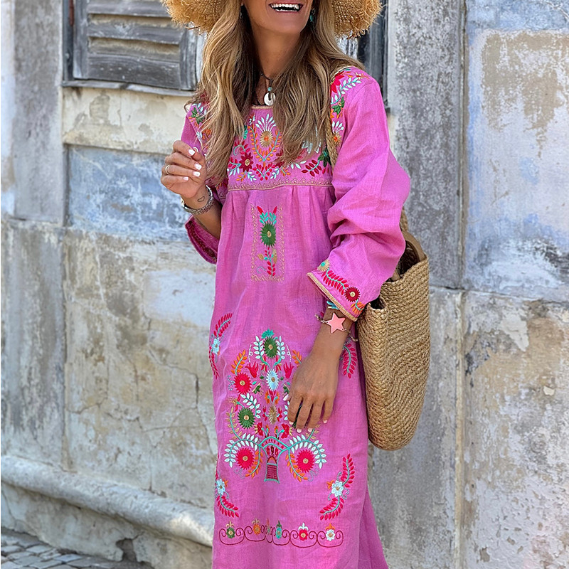 Casual Female Pockets Long Dress New Autumn Cotton Linen Crew Neck Party Dress Women Elegant Floral 