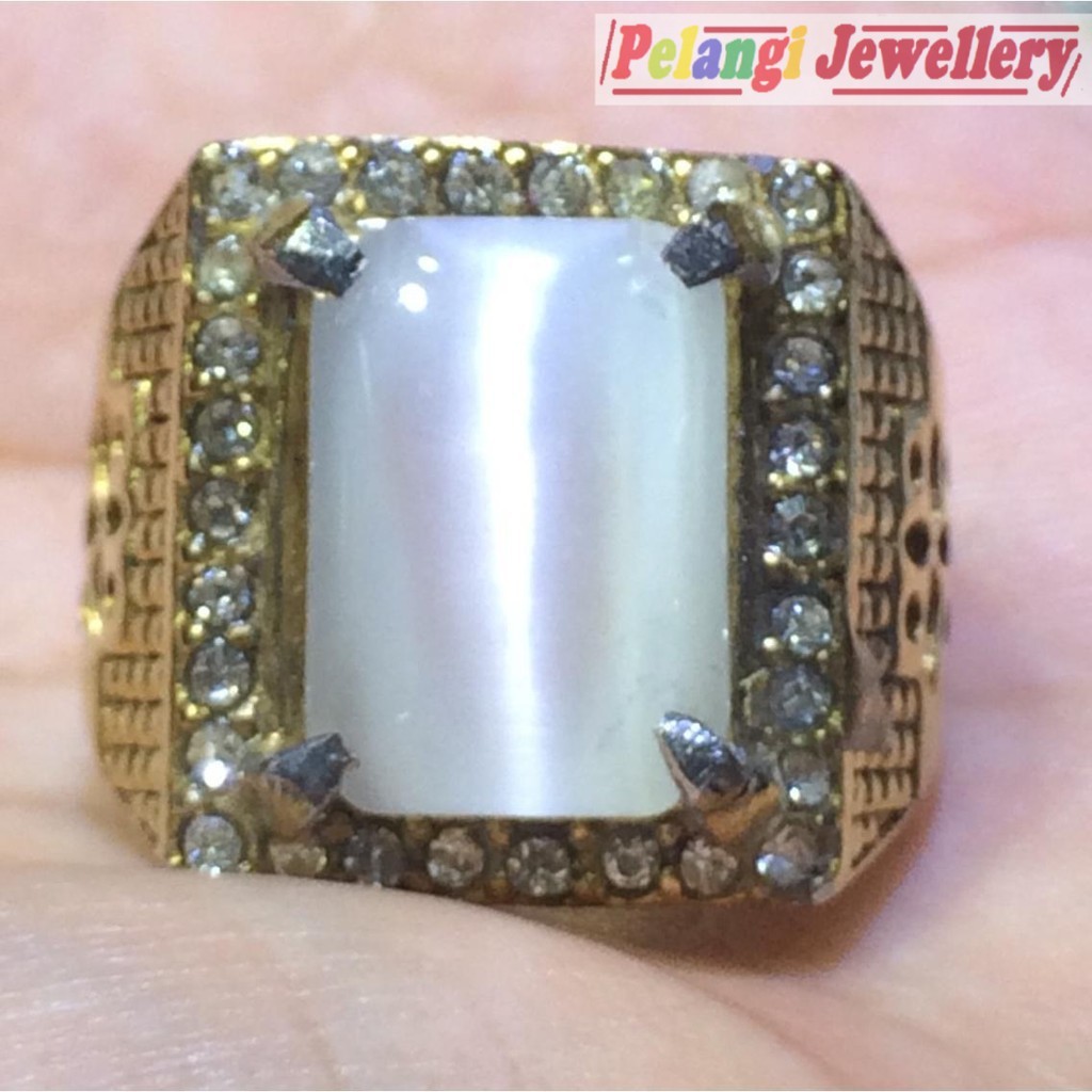Cincin Titanium Batu Akik Octagon Cat Eye Susu Atau Warna Putih HQ
