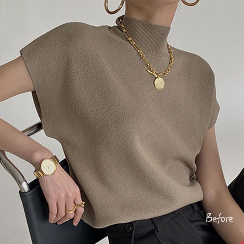 Rompi Rajut Setengah Turtleneck Kaus Wanita Atasan Lengan Pendek Longgar Musim Panas BF