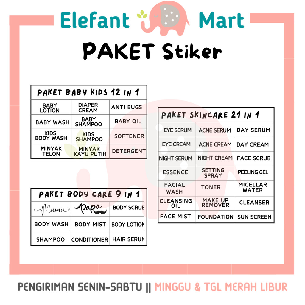

ELEFANT Paket Label Sticker Botol Wadah Skincare Makeup Bodycare Travel Transparan Vinyl Aesthetic Waterproof Tahan Air