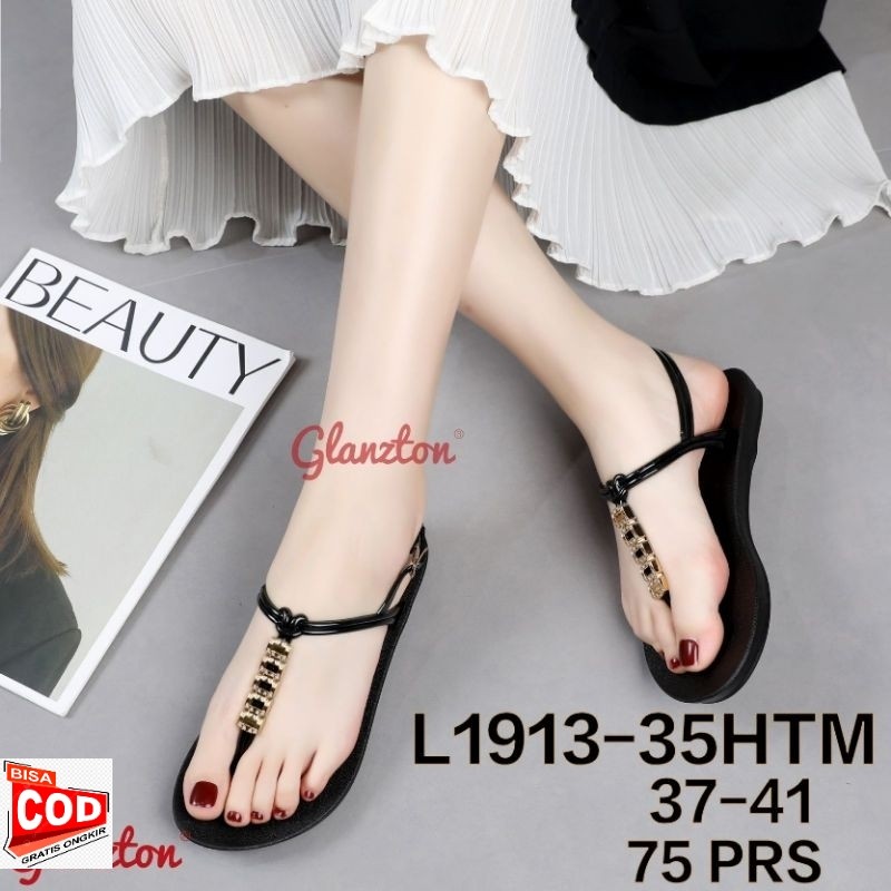 L1913-35HTM Sandal Glanzton Tali Belakang Hitam Chrome Terbaru Wanita Jepit Karet Sendal Flat Japit 