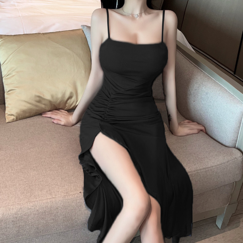 korean black dress sexy slit formal cocktail dress for women halter Fitted plain prom elegant dress
