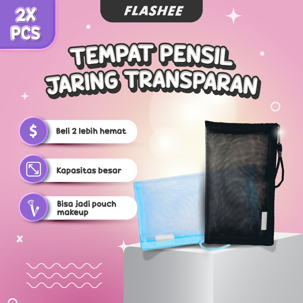 

Flashee Paket Hemat Tempat Pensil Jaring Transparan Pouch Alat Tulis Sekolah 2x