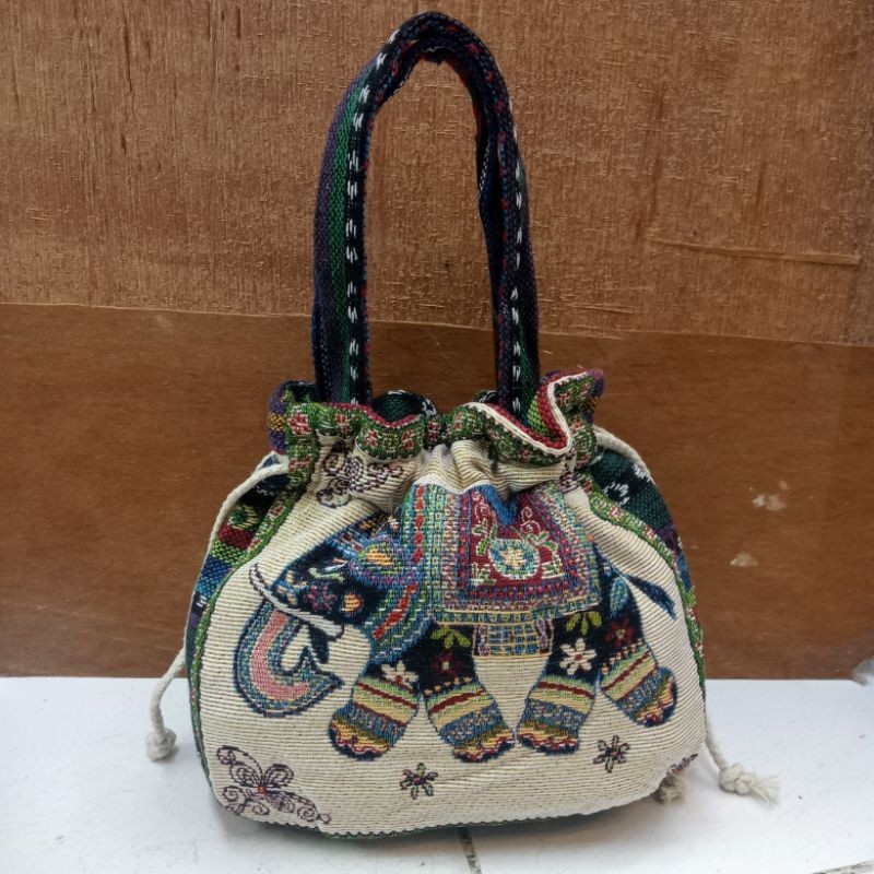 tas Thailand gajah kanvas serut /  tas kanvas tas karakter / tas Thailand motif gajah tas tenteng mi