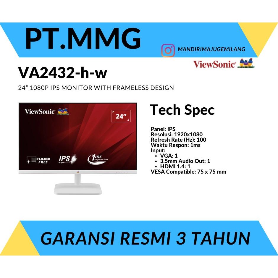 Monitor LED Viewsonic VA2432-H-W FHD IPS 100Hz 1ms Vesa VA2432H White