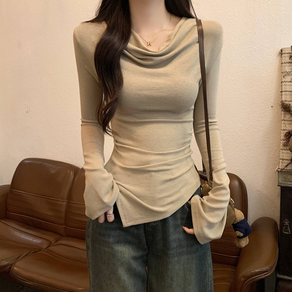 Atasan tanpa bahu lengan melebar oatmeal/Kaos lengan panjang kelim tidak beraturan
