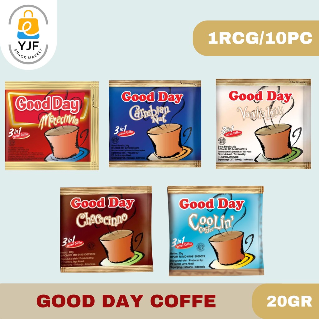 

Good Day Coffe 20g - 1 RCG/10PCS / Mocacinno / Coolin / Chococinno / Carrebian Nut / Vanilla latte / Kopi Instan / Kopi Bubuk