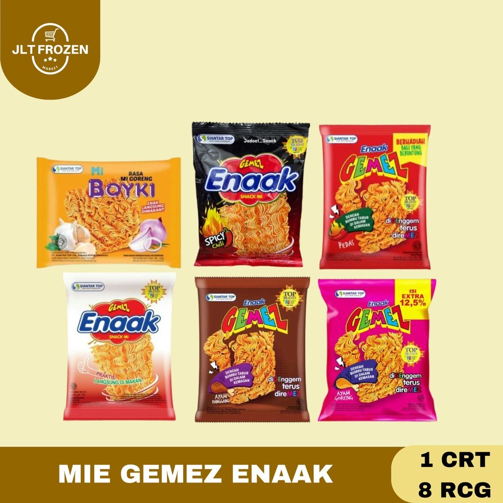 

Mie Gemez Enaak / Mie Enaak / Snack Noodles / Snack Mie kering Rasa Spicy / Ayam Panggang / Ayam Goreng / Ayam Kecap / Pedas 1 Carton / 8 Rcg