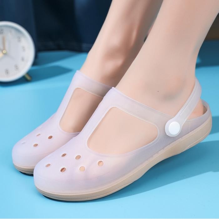 Terlaris  -OKAIDO OFFICIAL Sandal Sepatu Wanita Perempuan Slop Motif Bunga & Polos Jelly Bening Tran