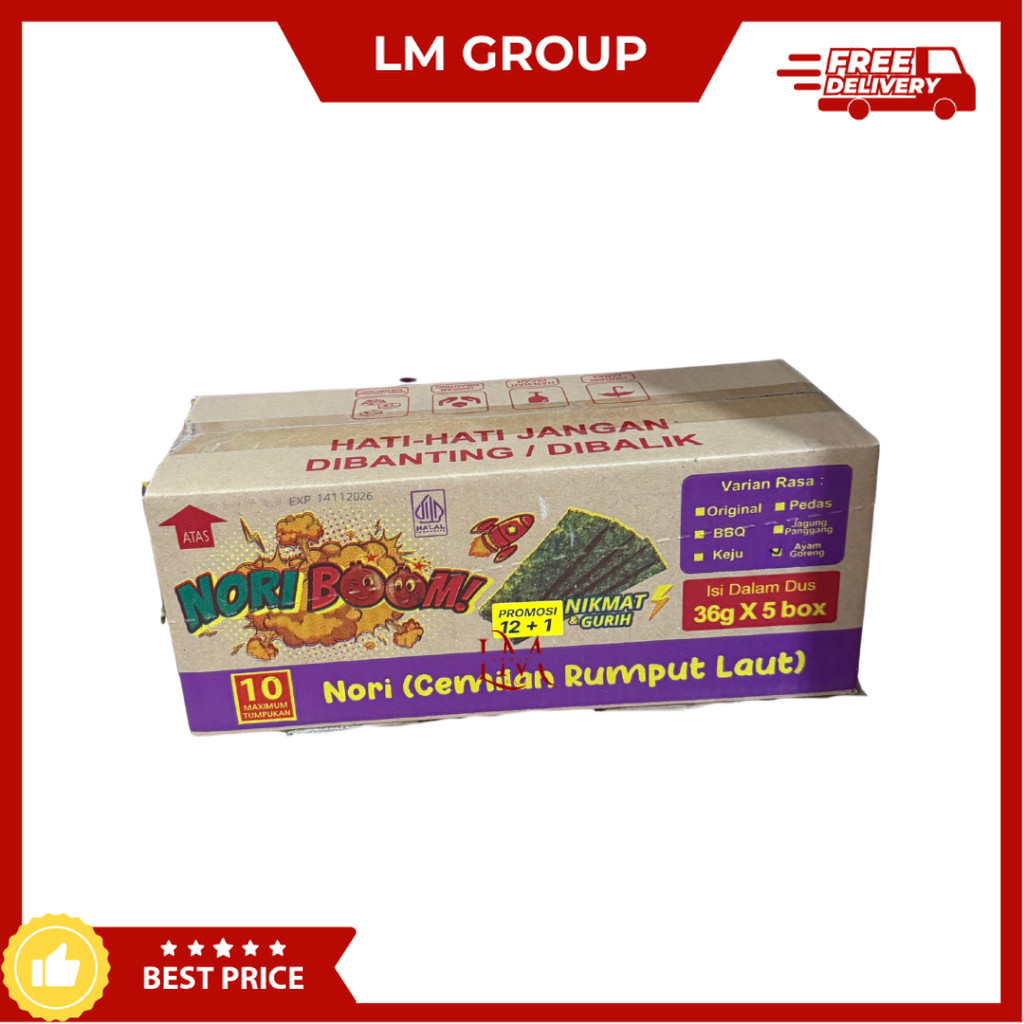 

[1 DUS] Nori Boom Rumput Laut Rasa Original/Keju/Pedas/BBQ/Ayam Goreng 5 Pack x 12 pcs @3gr Cemilan LM Snack Grosir