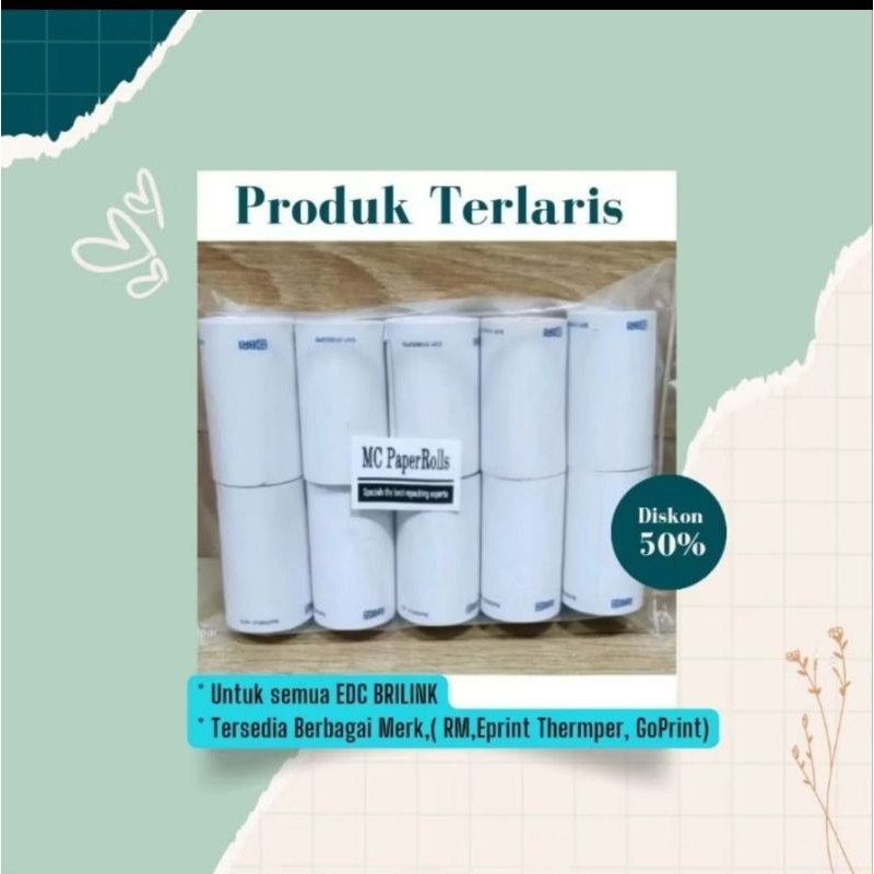 

NEW SALE KERTAS THERMAL / STRUK 1 Dus Isi 100 Roll Merk PMM/Goprint/Eprint LOGO BANK BRI 100% ORIGINAL & BARU