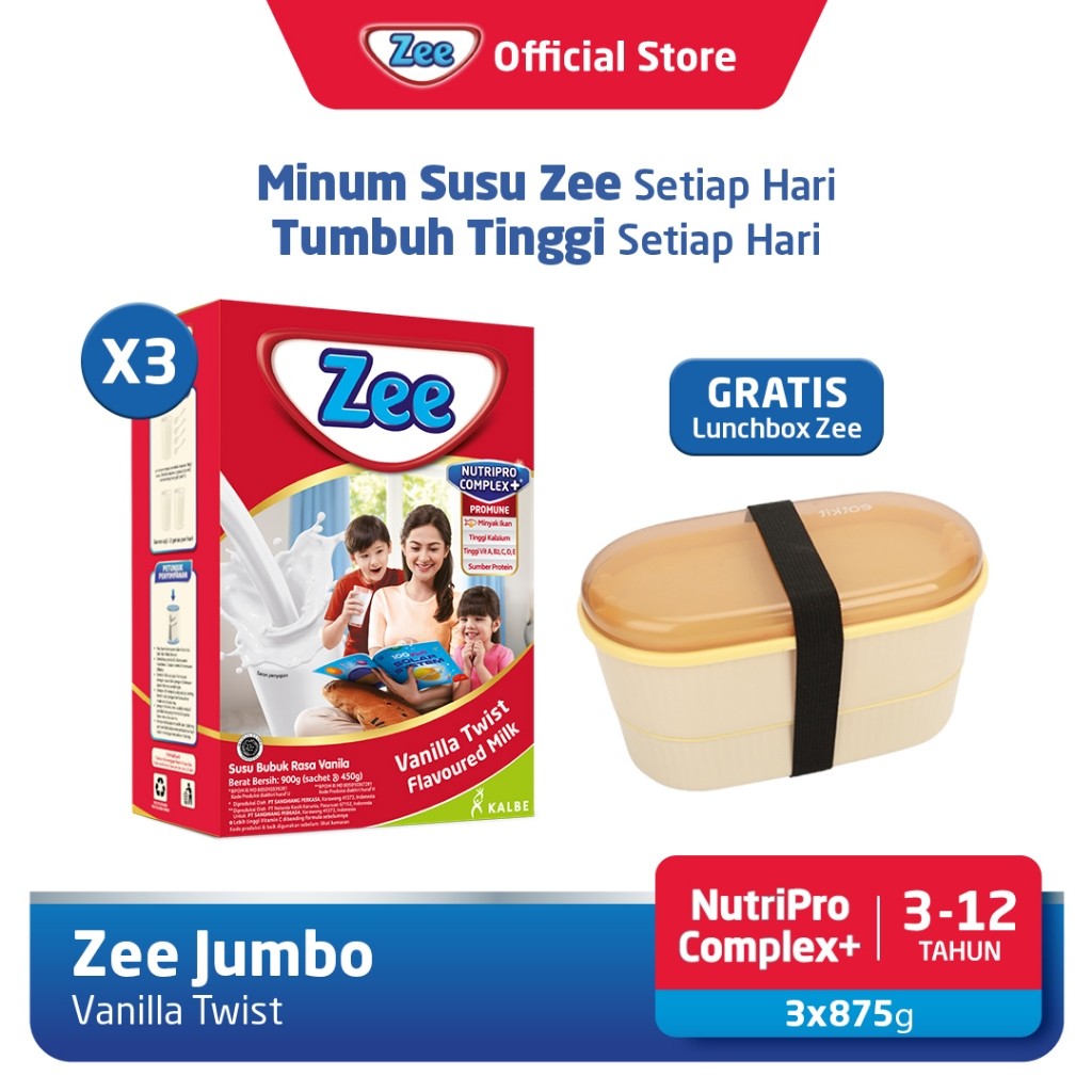 

Zee Reguler Jumbo Vanilla Twist Milk 875gr (3pcs) Free Lunchbox