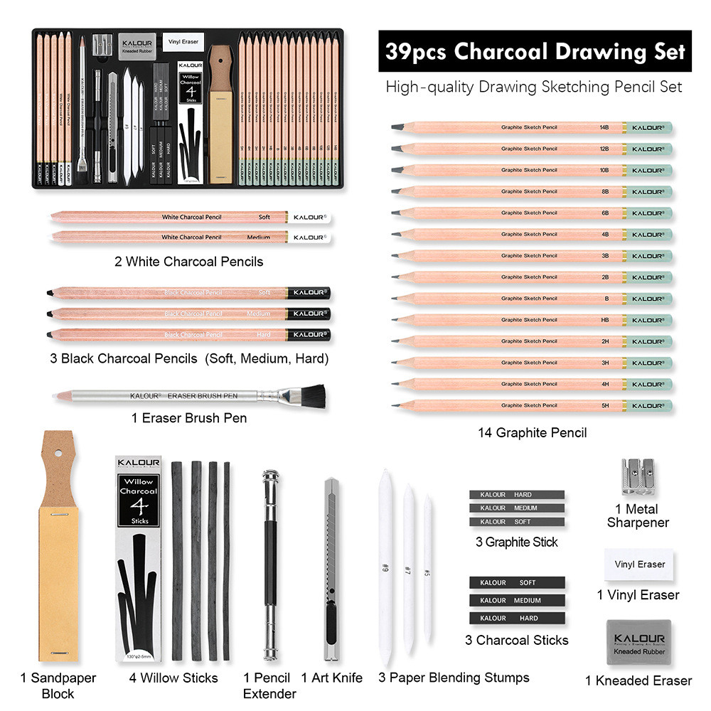

KALOUR 39-Piece Professional Sketch Pencil Set with White/Black Charcoal Pencil for drawing,sketching,Anime design Ideal for Art