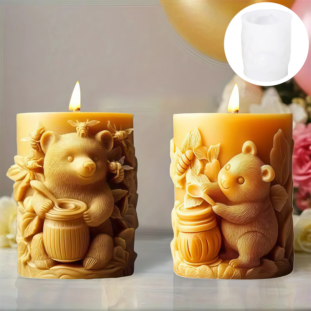 

3D Honey Bear Candle Silicone Mold Honeycomb Bear Pillar Scented Candle Plaster Making Mold for DIY Home Decor and Gift Making