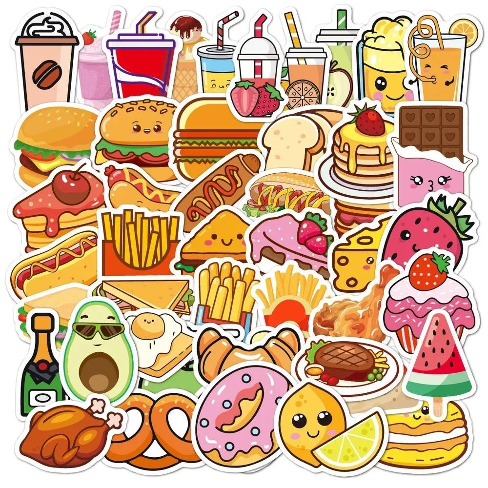 

50Pcs Cute Food Burger Fries Gourmet Stickers Luggage Laptop Decorative Cartoon Food Stickers Delicacy Graffiti Wholesale