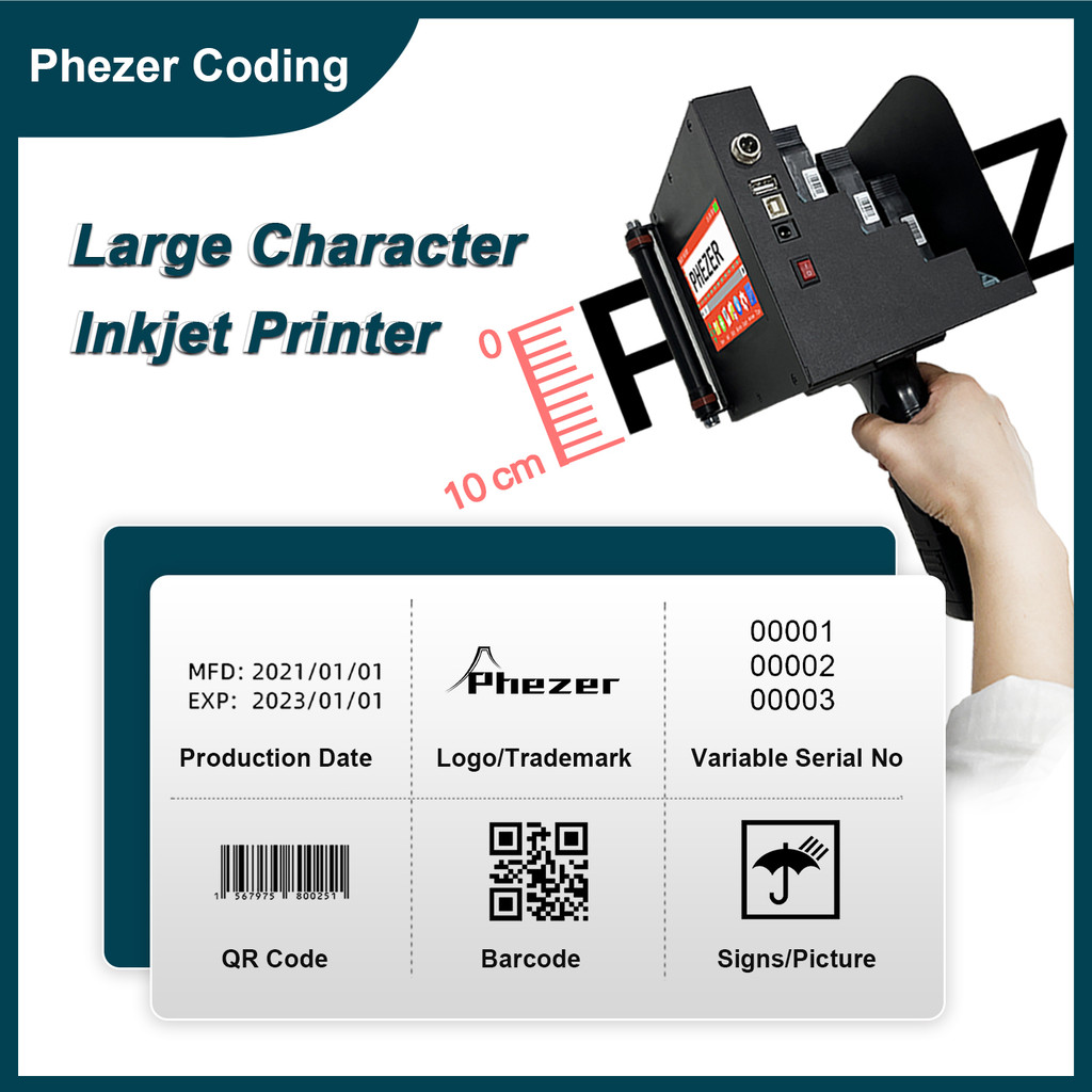 

Phezer 28 Languages 100mm Portable Label Printer P70 QR Bar Batch Code Date Number Logo Expiry Date Handheld Inkjet Printer