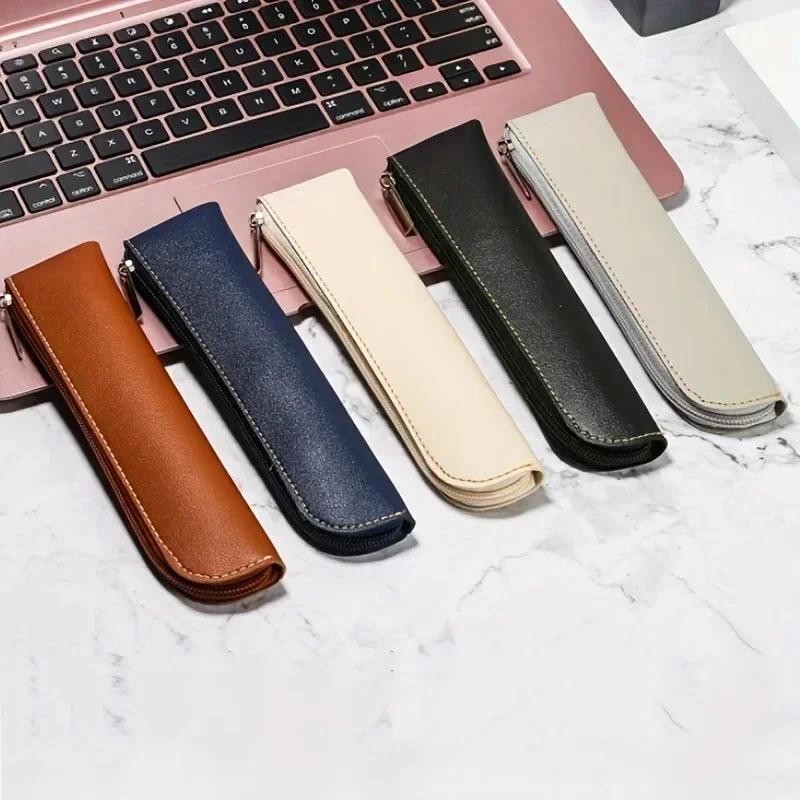 

Simple Zipper Pen Holder Leather Pencil Bag Fountain Pen Storage Pouch Portable Pen Sleeve Case School Office Supplies