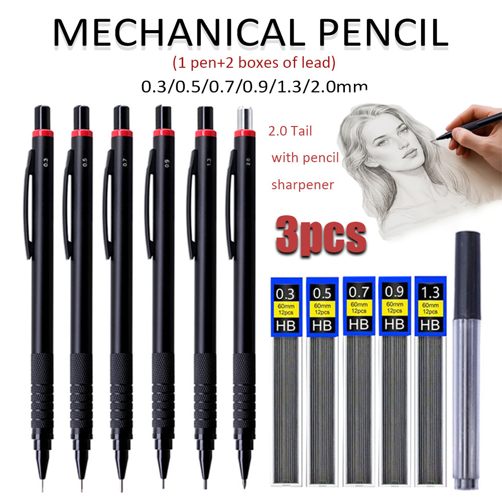 

New 0.3/0.5/0.7/0.9/1.3/2.0mm Anti Slip Grip Automatic Pencil Set With Lead, for Sketching Painting Writing Office Stationery