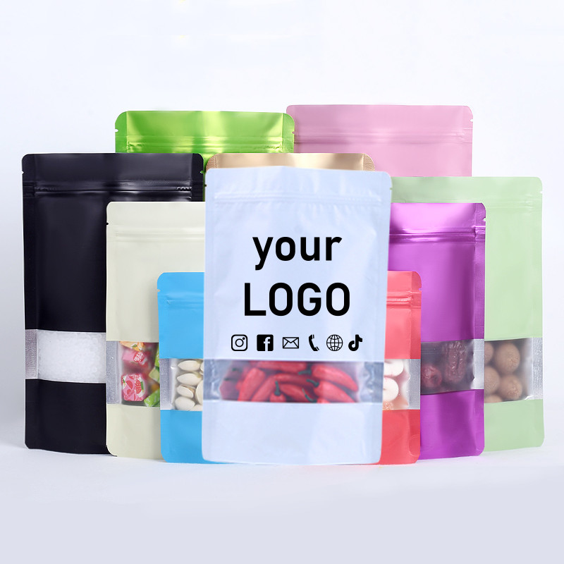 

50 ziplock aluminum foil bags sealed stand up food bags with display window colorful candy packaging bags can print logo