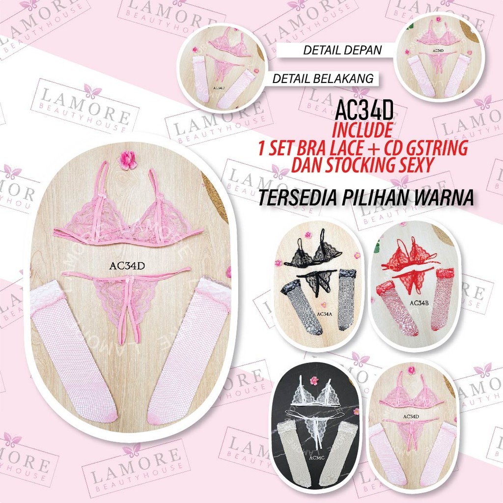 Stocking Jaring + Bra Set G String Underwear Wanita Lace Pink Ac34D