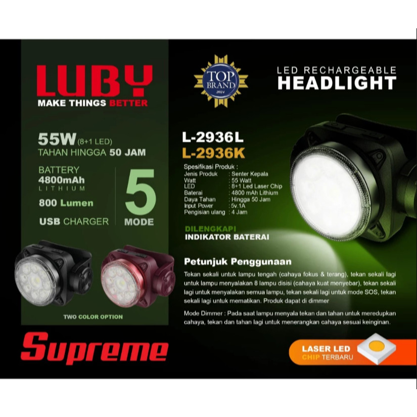 Original Senter Kepala LED Luby L-2936L 55Watt Supreme / Headlamp Outdoor L2936K Rechargeable Headli
