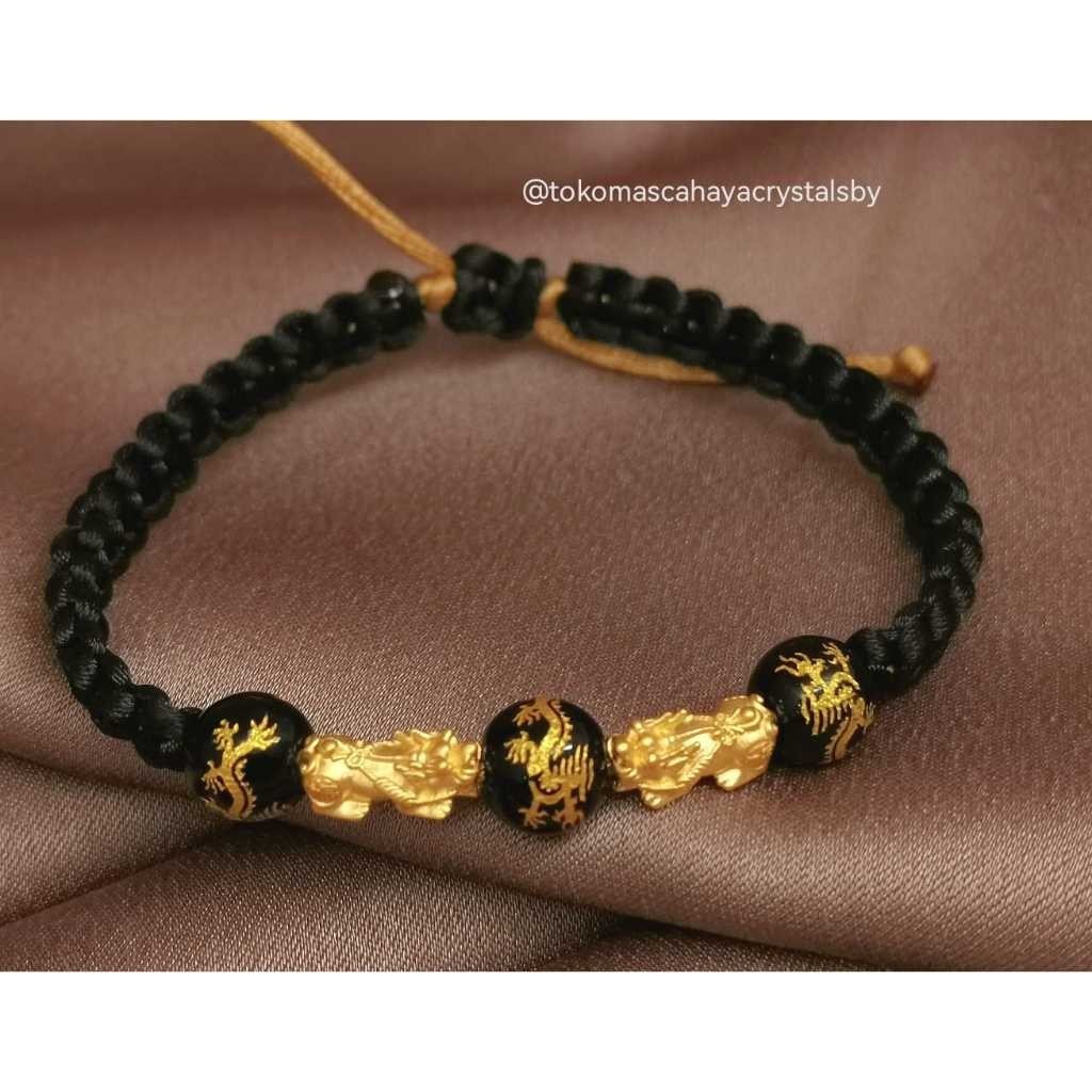 Gelang Tali Emas 2 Charm Naga/ Jilin / Pixiu / Dragon 24k HK Hongkong 999% -Gold Bracelet