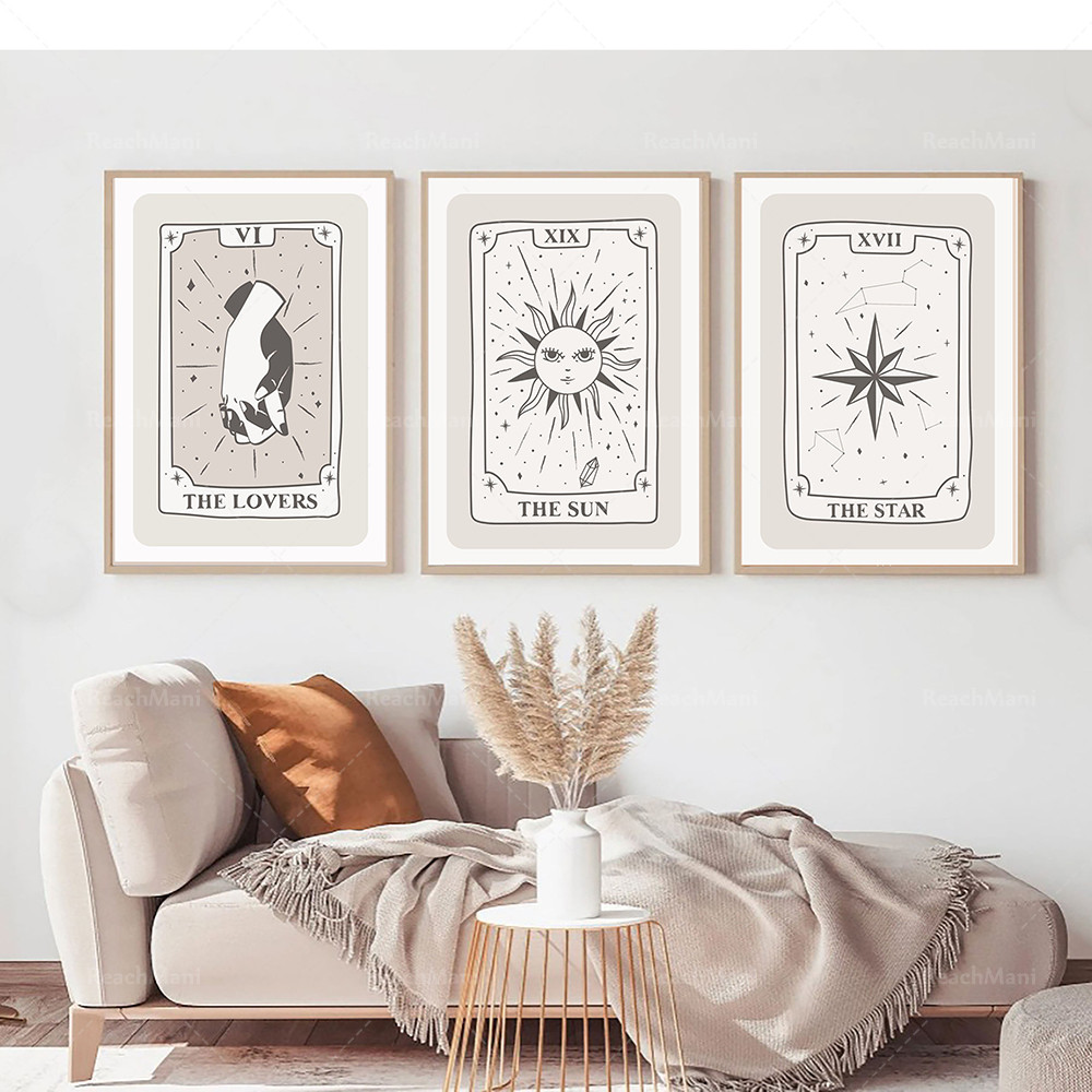 

Sun and moon tarot prints, bohemian wall art, celestial wall printing, mystery, neutral decoration, astrological posters