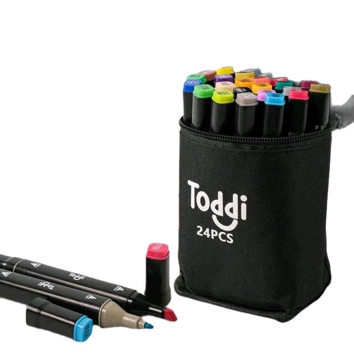 

Isi 24 pcs Toddi Spidol Dual Side Fine Art Brush Art Marker Set 1.0 and 6.0mm Tip Blue Mewarnai Plastik Stationery