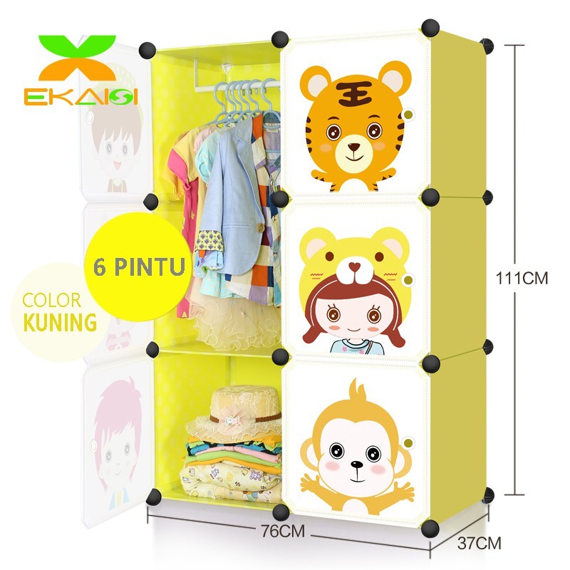 Lemari portable plastik lemari pakaian anak rak baju serbaguna 6 pintu kartun LS TERLARIS