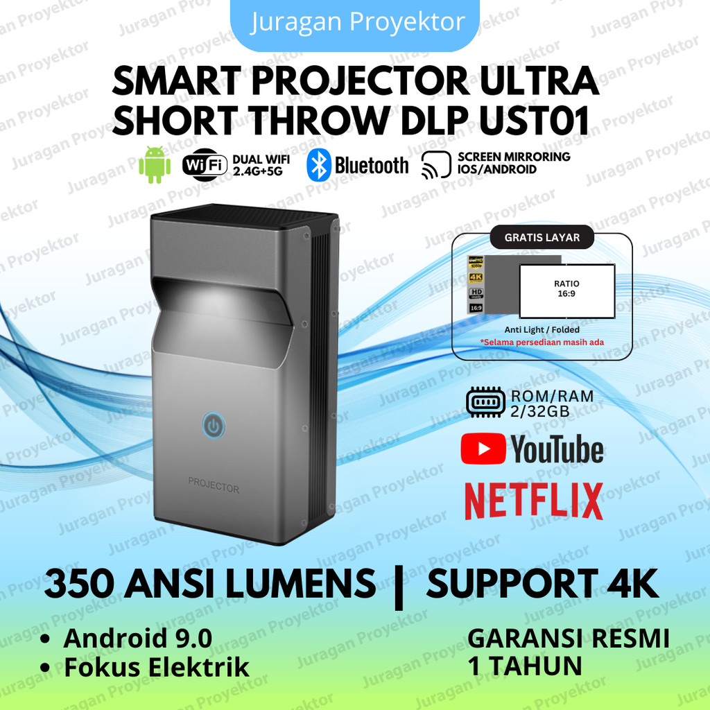 Proyektor DLP Mini Ultra Short Throw UST01 Android 9.0 Wifi 350 Ansi Lumens Proyektor Mini DLP