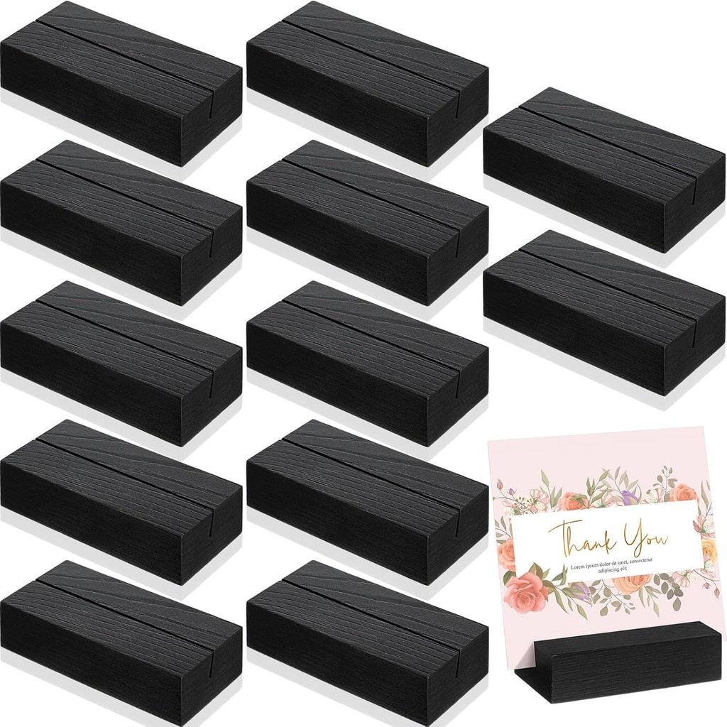

1-12pcs Black Wood Place Card Holders Wood Sign Holders Table Number Holder Stands Name Card Holder for Wedding Party Events