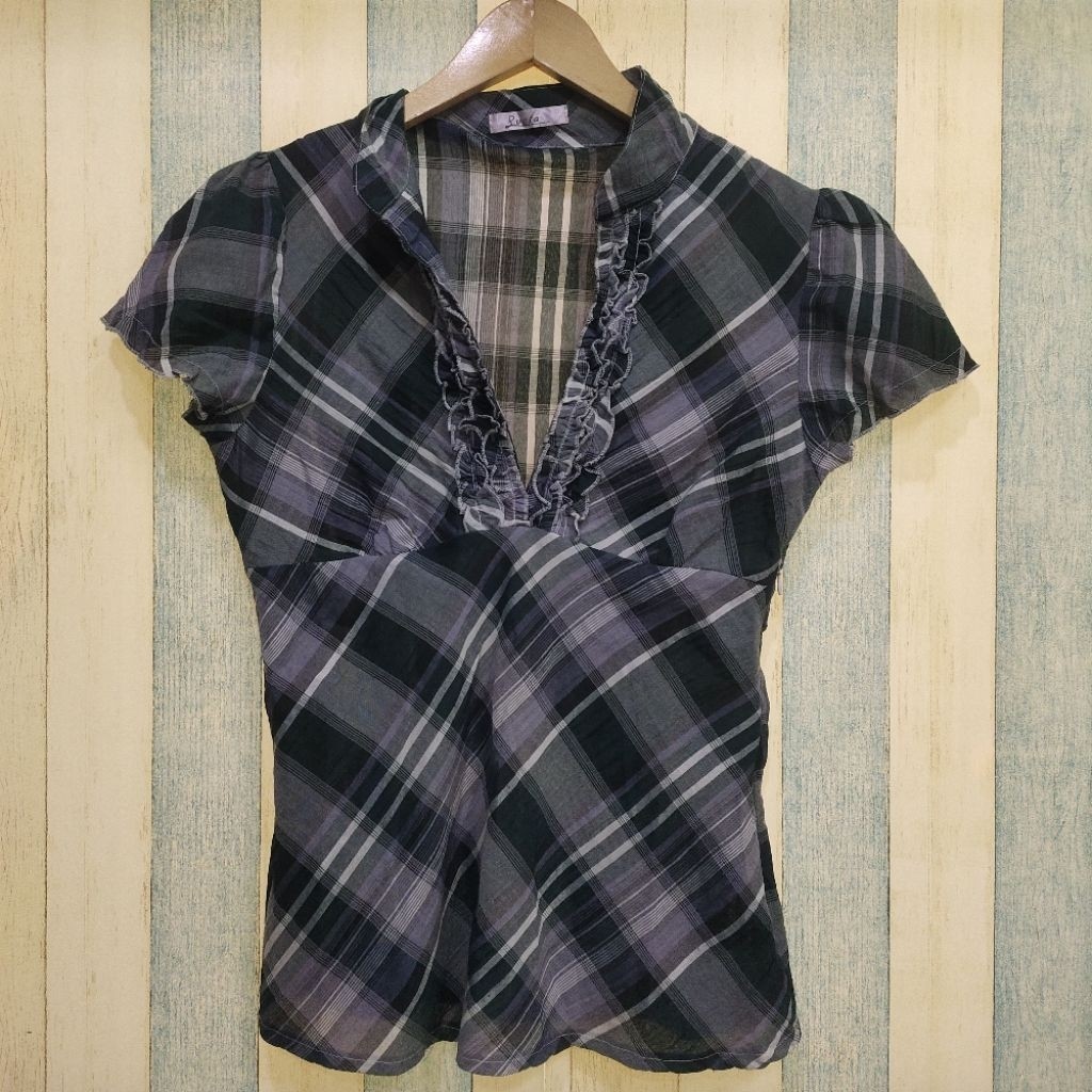 Blouse Cewek Hijau Motif Kotak - Atasan Preloved