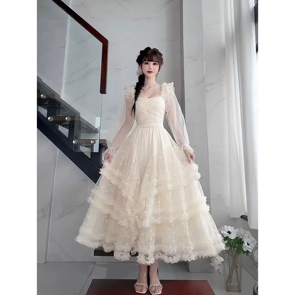 Laudofficial Selena Cream Dress /Long Dress Pesta Wanita Terbaru Lengan Panjang Transparan