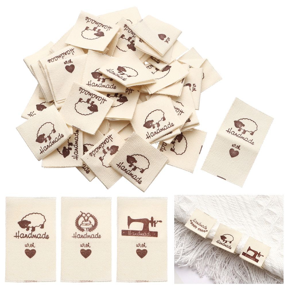 

50PCS Handmade With Love Cloth Garment Labels Cartoon Pattern Sheep Scissors Heart Shape Clothing Tags Sewing Accessories