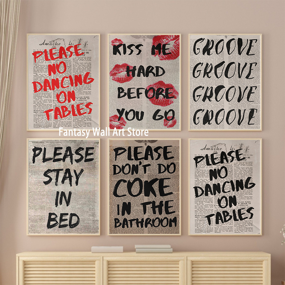 

Typography Art Poster PLEASE DO NOT DANCING ON THE TABLE 70s Wall Print Trendy Quote Prints Retro Trippy Wall Art Canvas Poster