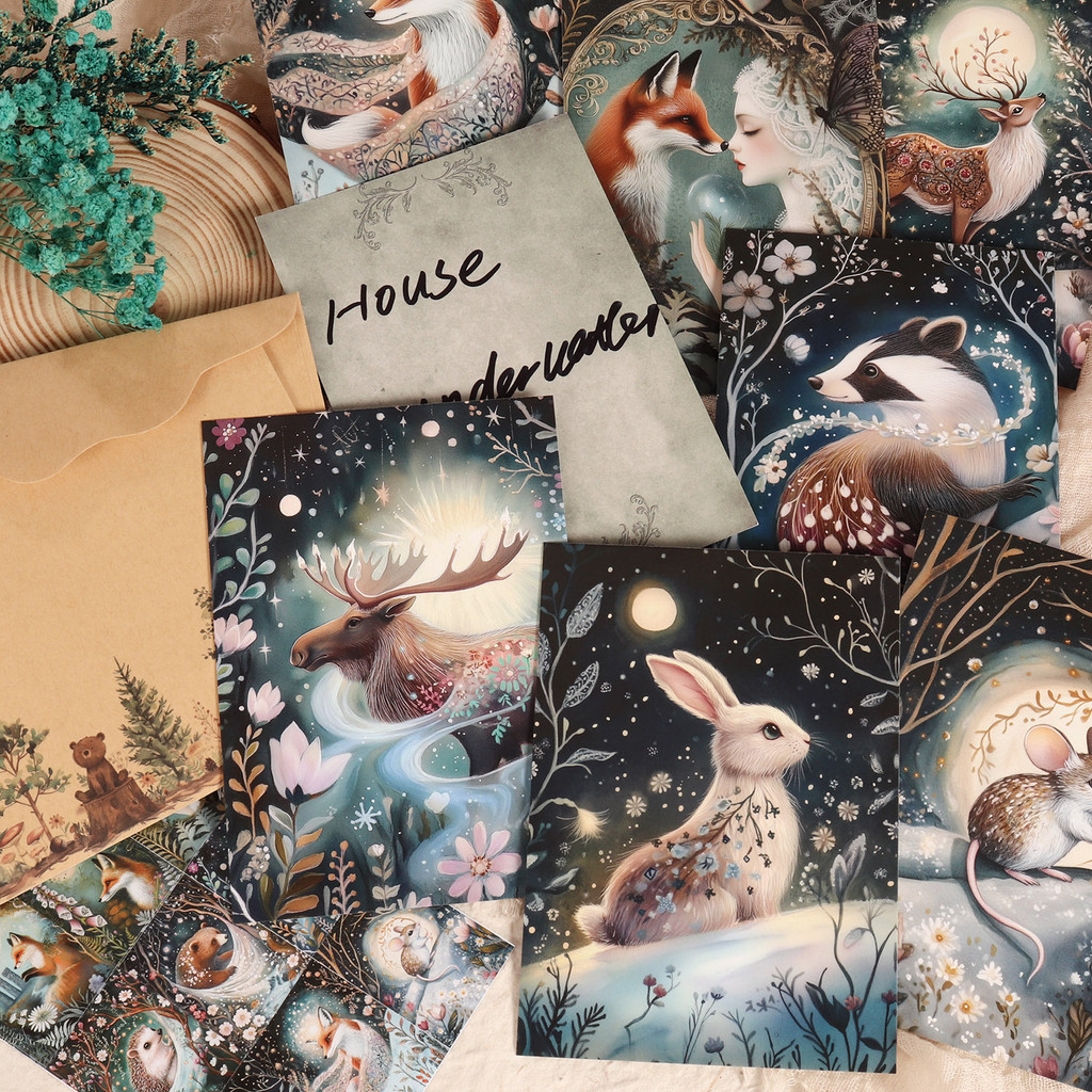 

16cards, 4envelopes, 36stickers Woodland Animals Double-sided Writable Painting Cardboard Set, for Scrapbooking, Junk Journal
