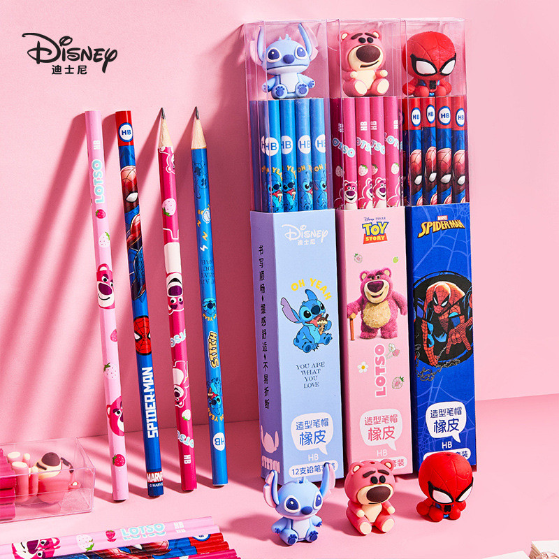 

12pcs Disney Stitch Pencil Cute Cartoon Spider-Man Lotso Children Pencil Eraser Set Kawaii School Supplies Holiday Gifts