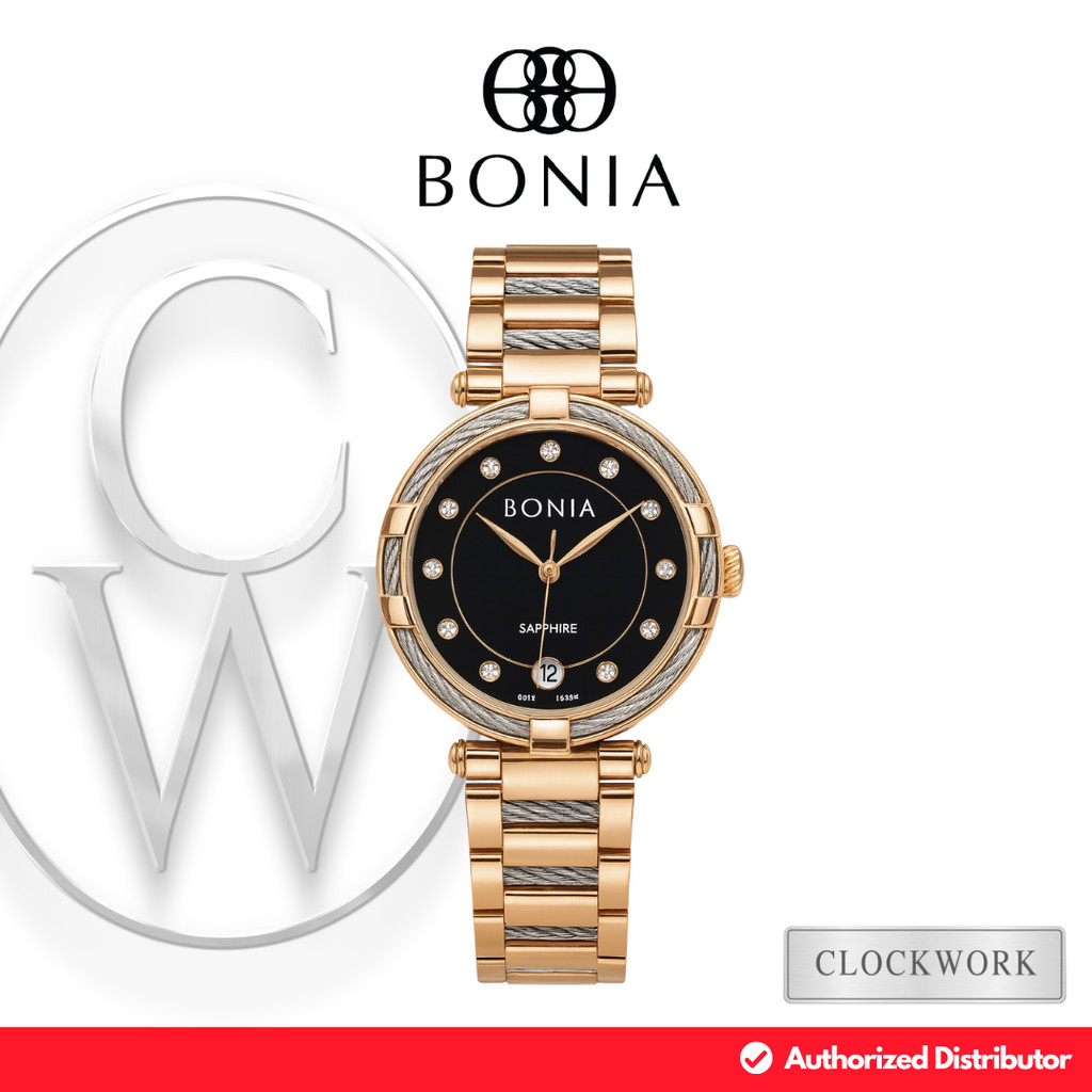 Jam Tangan Wanita Bonia Valore BNB10848-2537 Rantai Oyster Mewah Elegant Formal Rosegold dial Hitam