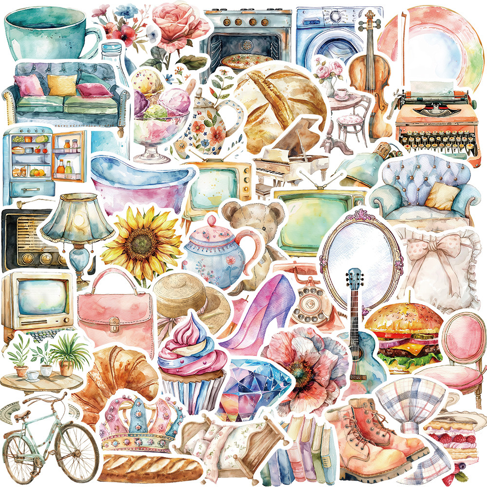 

50PCS Watercolor Clip Art Stickers PVC Sticker Aesthetic Colorful Decoration Scrapbooking Stationery School Supplies for Kids