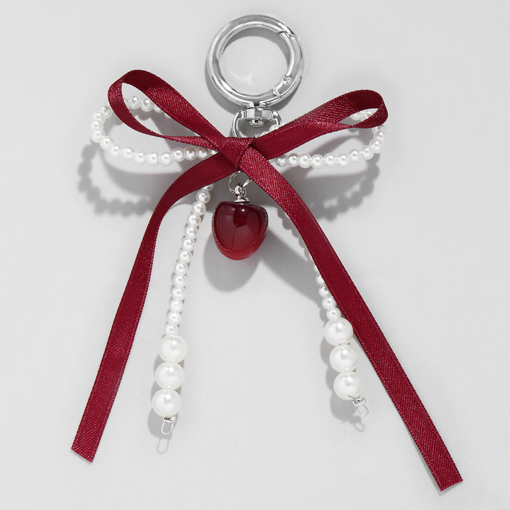 Wine Red Ribbon erry Pendants Keyain Women Sweet White Pearl Bow Backpack Key Ring Jewelry Bags Deco