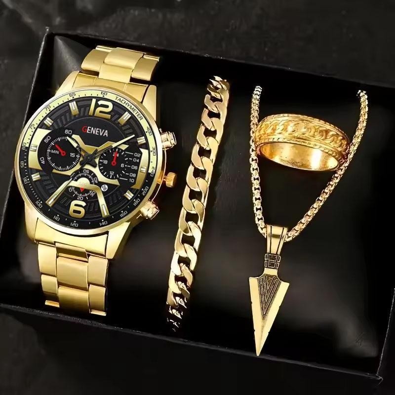 4PCS Jam Tangan Mewah Pria Original Dengan Kalender Tali Baja Tahan Karat Jam Tangan Pria Bisnis Mew