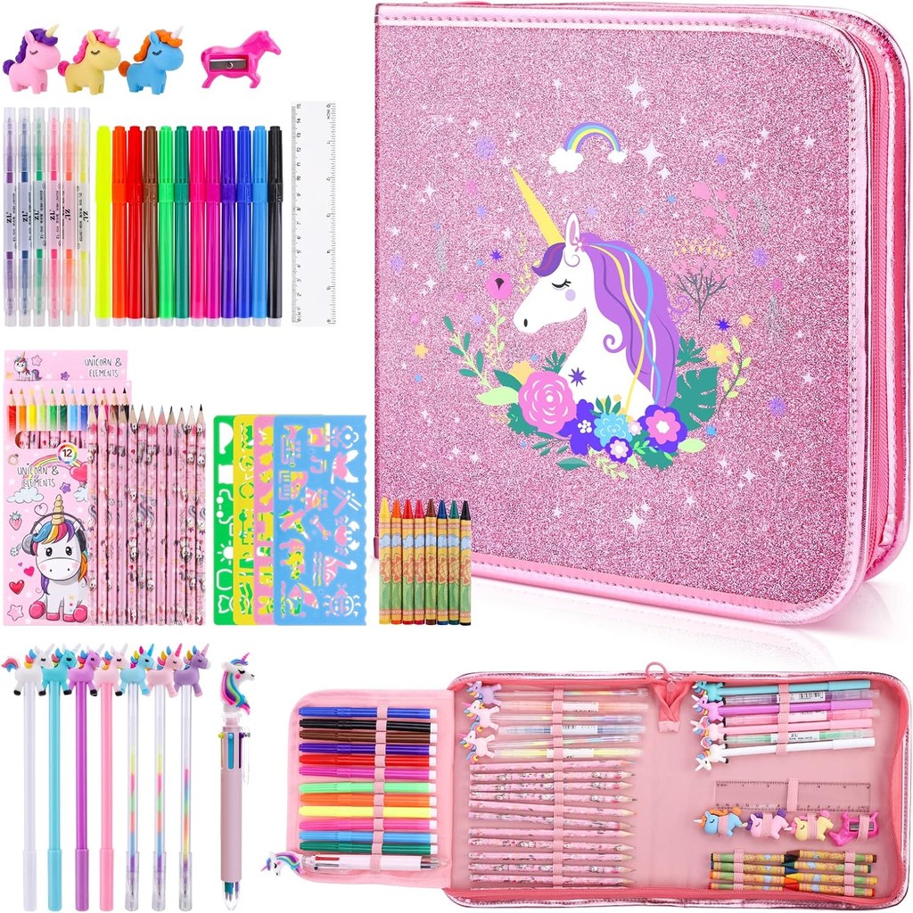

53/56PCS Stationery Sets for Kids Coloring Drawing Kits with Unicorn Pencil Case Fruit Scented Markers Crayon Set Back to School