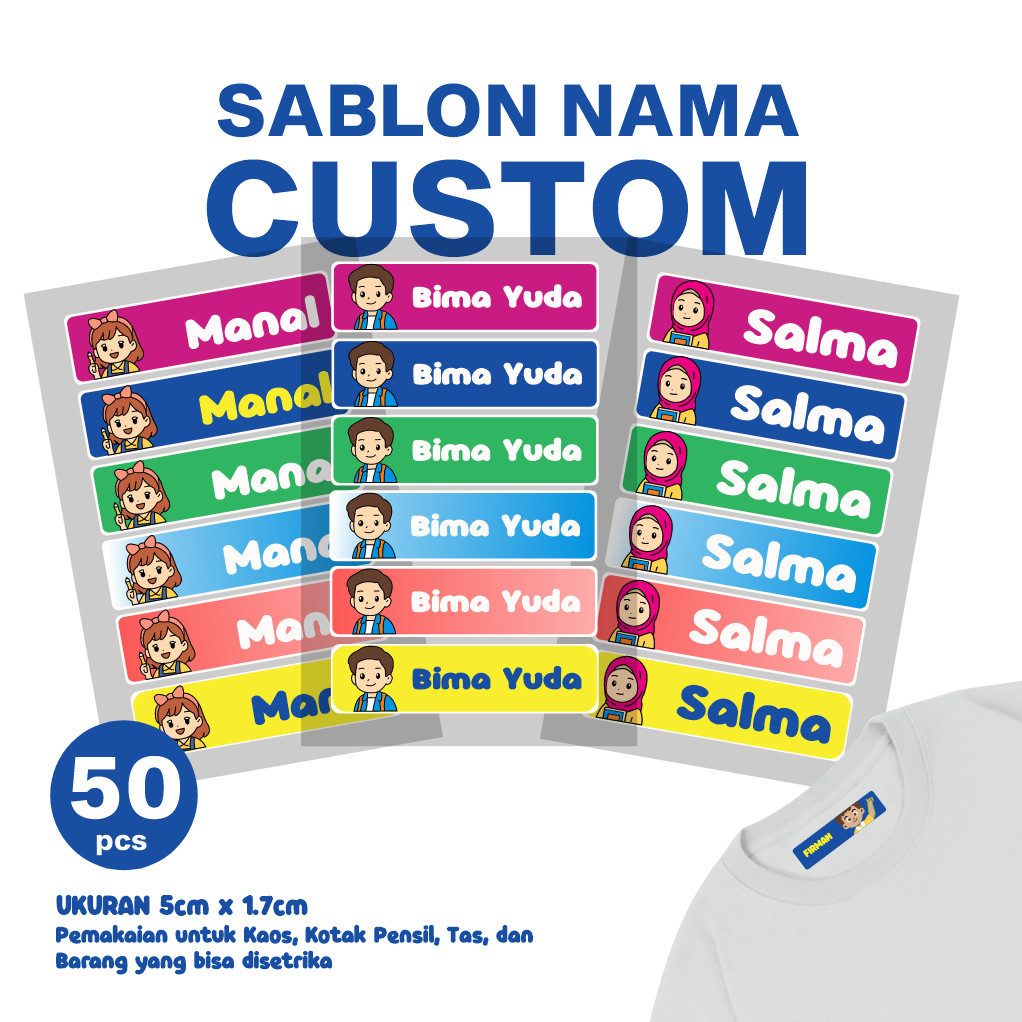 

Karimake Sticker Label Nama Karakter Kain Baju Isi 50Pcs Kaos Sablon Setrika DTF Stiker Iron Custom Tulisan Tebal
