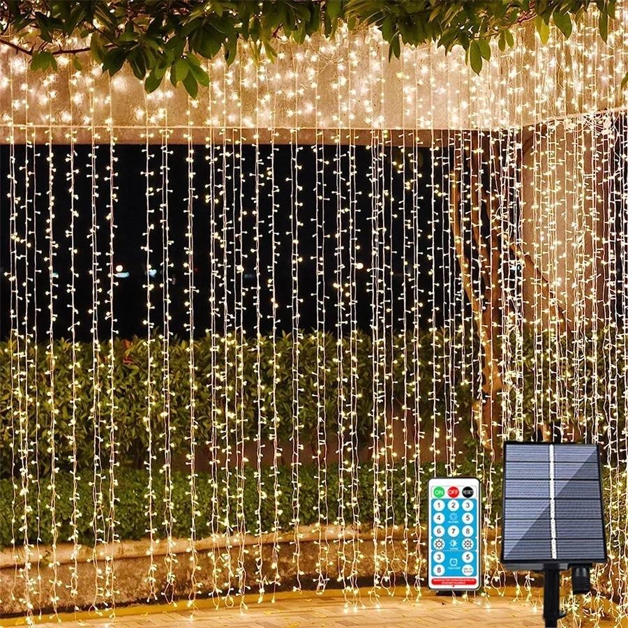 

3X3/6X3M LED Solar Curtain Lights Outdoor With Remote Solar Waterfall Curtain Light Outdoor Solar Icicle Light for Patio Decor