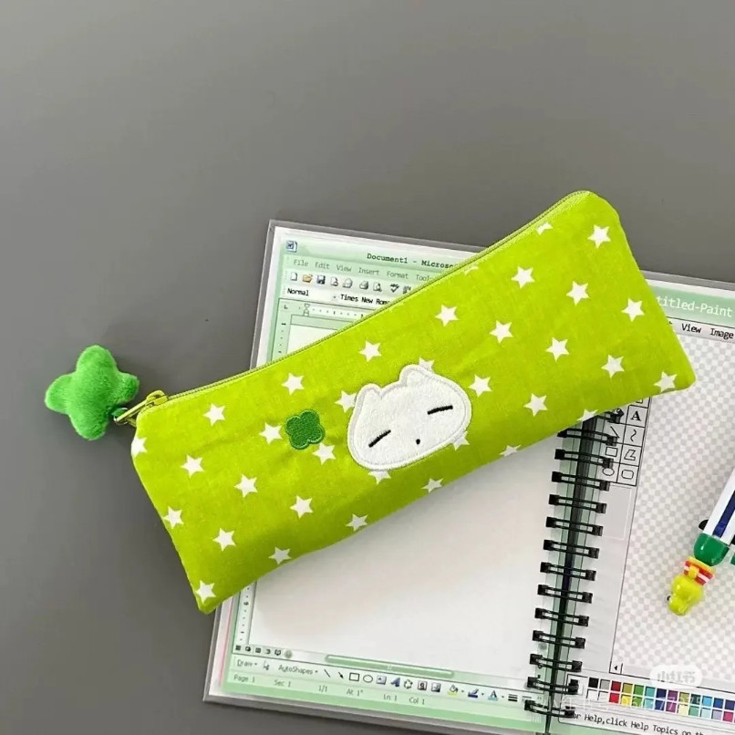 

Cute Starry Green Plush Pencil Case Large Capacity Canvas Stationery Organizer with Cartoon Design for School Office Supplies