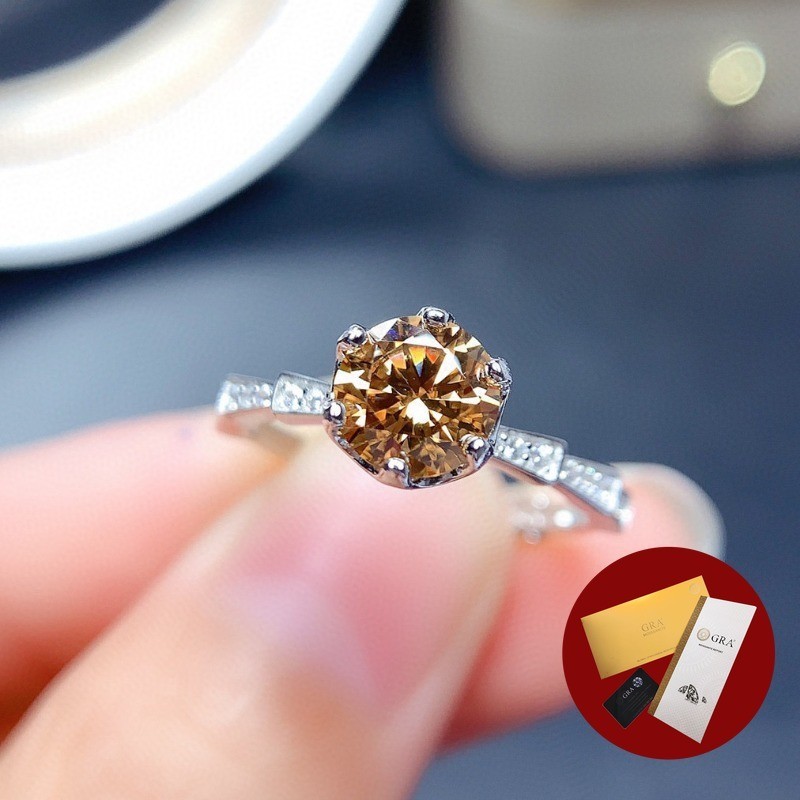 (Free Gra Certificate) Pt950 Champagne Moissanite Cincin Terbuka