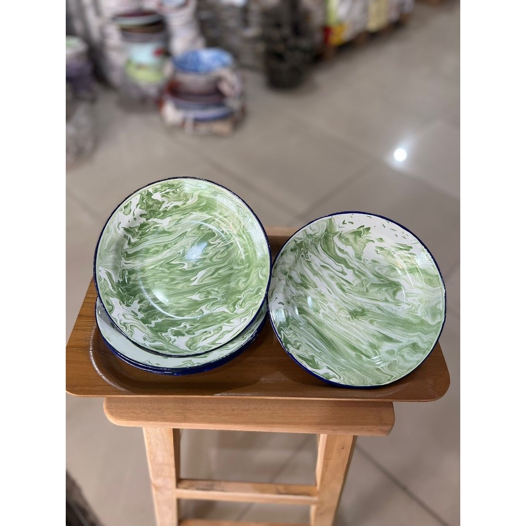 ZZ43RY65 Piring Enamel Seng Kaleng Blirik Lurik Lorek Loreng Jadul Kuno Antik Hijau 20cm Piring Maka