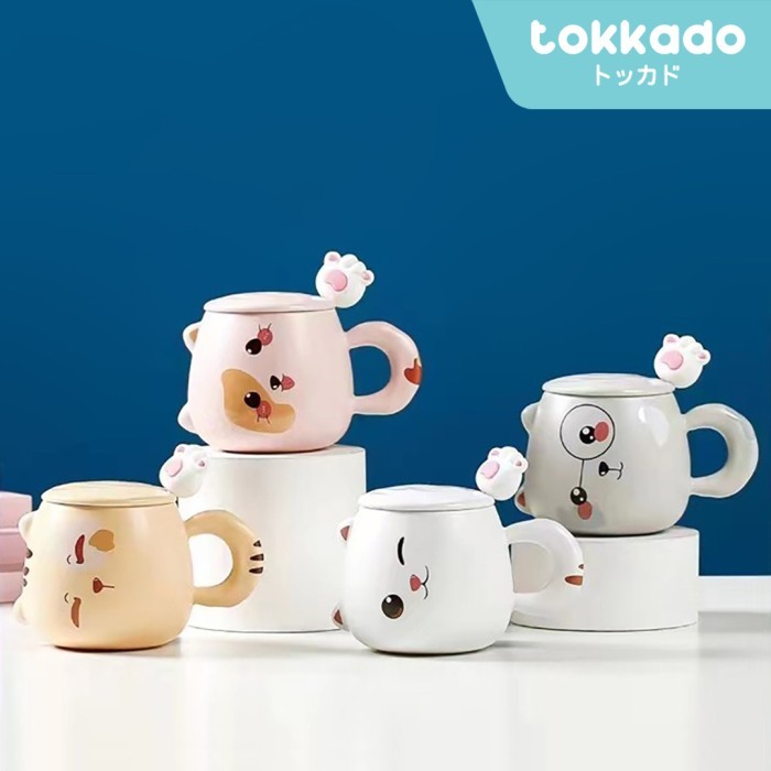 TOKKADO Moshi Gelas Mug Cangkir Minum Kucing Paw Unik Pastel Sendok Lucu